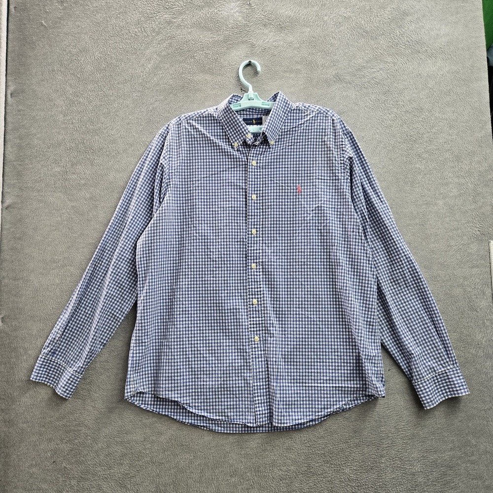 Ralph Lauren‎ Men Button Up Shirt XL Blue Embroidered Plaid Long Sleeve